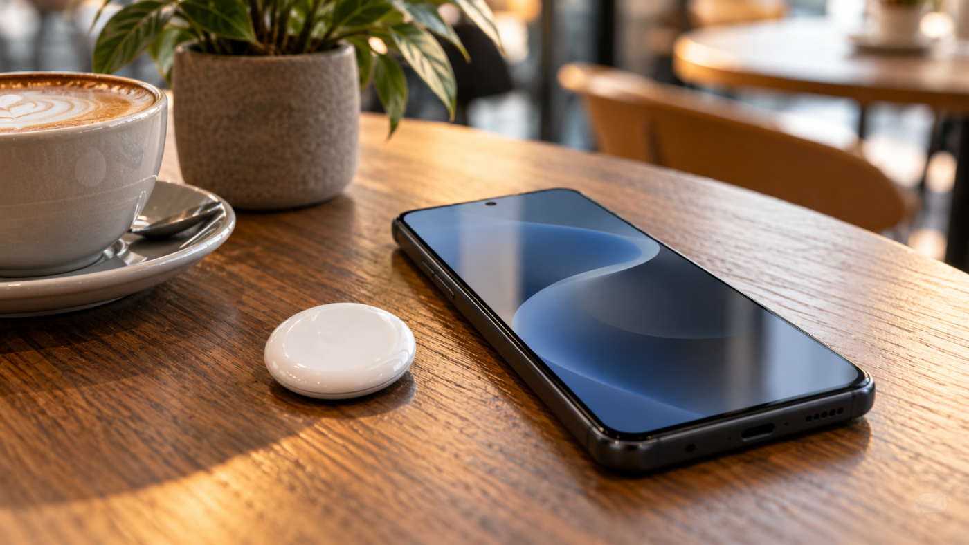 Une balise Bluetooth ronde et blanche posée à côté d’un smartphone sur une table de café