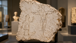 Fragment d'enduit romain blanc couvert de traits gravés, exposé sous un éclairage doux de musée