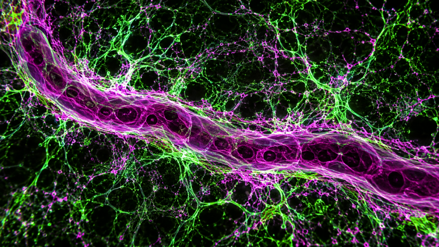Vue de microscopie en fluorescence d'un petit vaisseau cérébral entouré d'un maillage de tubes lumineux verts et magenta