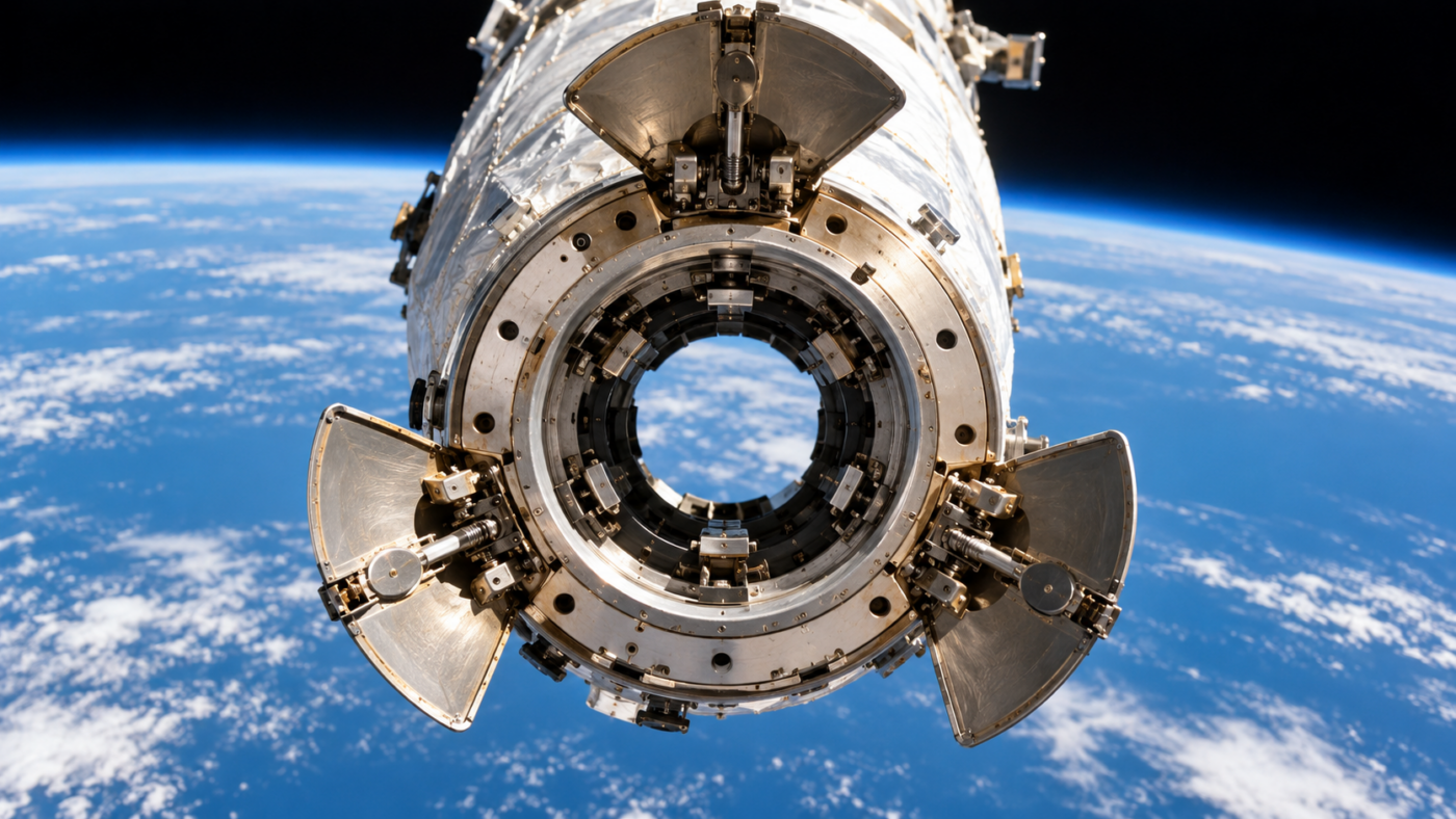 Anneau d'amarrage métallique à trois pétales de guidage, en orbite au-dessus de la courbe bleue de la Terre