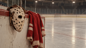 Un masque de gardien et un maillot rouge accrochés à la bande d’une patinoire vide, dans une ambiance de photo d’archives des années 1970