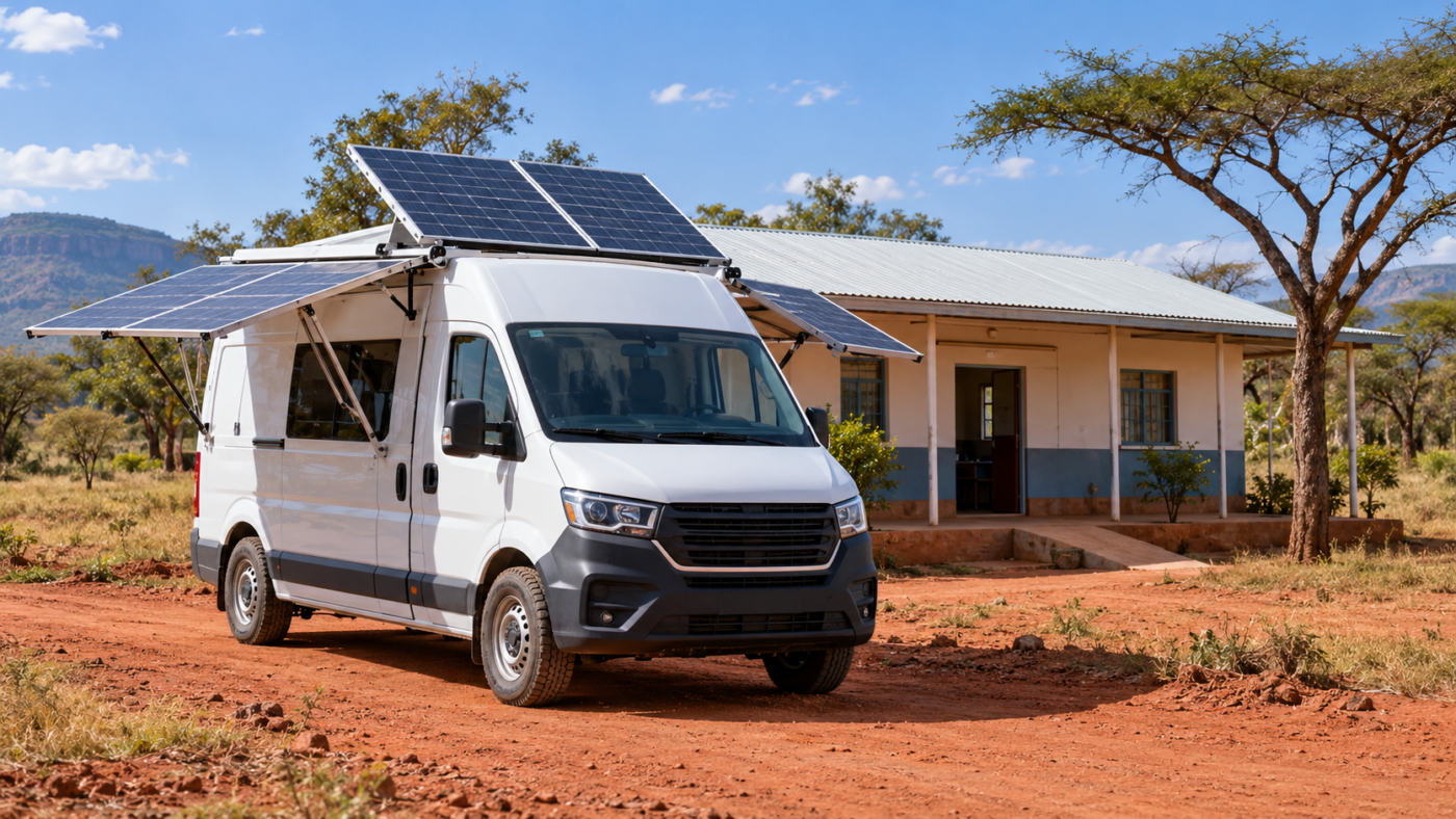 Une ambulance aux panneaux solaires dépliés, garée sur une piste de terre rouge devant un petit dispensaire de savane