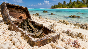 Boîte de sextant en bois à demi enfouie dans le sable corallien d’un atoll du Pacifique