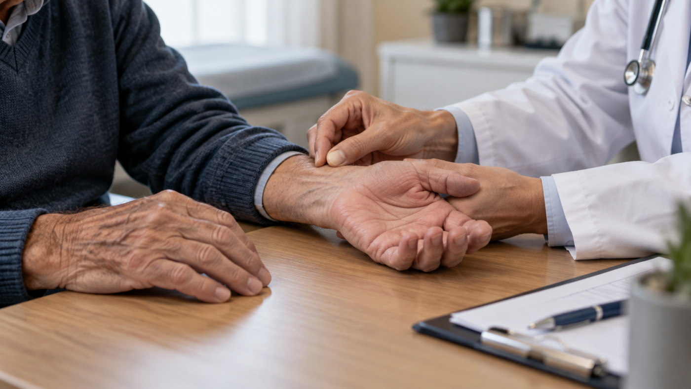 Les deux mains d’un homme âgé posées sur un bureau de consultation, un médecin examinant son poignet