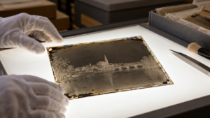 Un petit négatif sur plaque de verre du XIXe siècle posé sur une table lumineuse, dans une salle d’archives, et des mains gantées au bord du cadre.