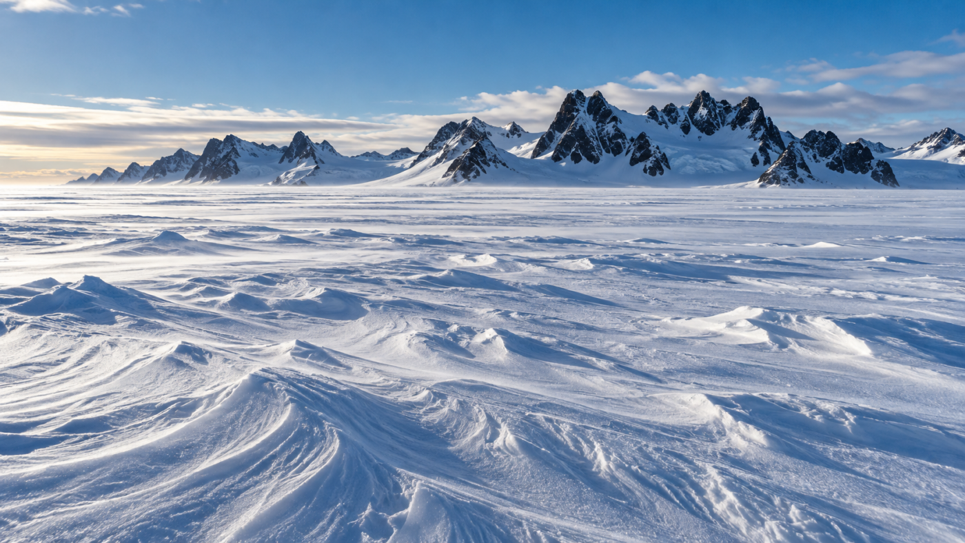Plateau de glace antarctique strié par le vent, une ligne de pics rocheux sombres émerge à l’horizon.