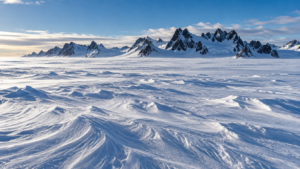 Plateau de glace antarctique strié par le vent, une ligne de pics rocheux sombres émerge à l’horizon.