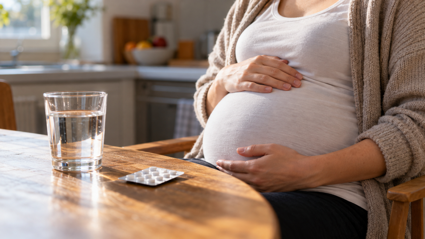 Les mains d'une femme enceinte posées sur son ventre, près d'un verre d'eau et d'une plaquette de comprimés sur une table de cuisine