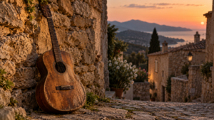 Une guitare acoustique ancienne posée contre un mur de pierre d’un hameau de Balagne, au crépuscule