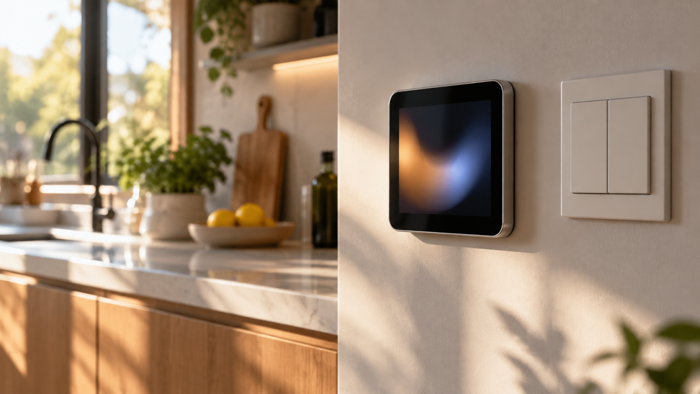 Petit écran tactile carré fixé au mur d'une cuisine, à côté des interrupteurs, dans la lumière du matin