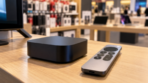Un petit boîtier noir de streaming et sa télécommande posés sur un meuble télé, un rayon de magasin flou en arrière-plan