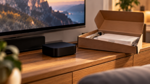 Un petit boîtier de streaming noir posé sous un téléviseur, à côté d’un décodeur blanc débranché dans son carton ouvert.