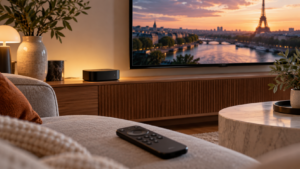 Un petit boîtier de streaming noir posé sous un téléviseur, la télécommande laissée sur le canapé