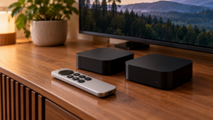 Deux petits boîtiers de streaming noirs posés côte à côte sur un meuble télé en bois, une télécommande argentée devant