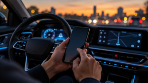 Des mains tiennent un téléphone devant le tableau de bord allumé d'une voiture récente, à la tombée du jour.