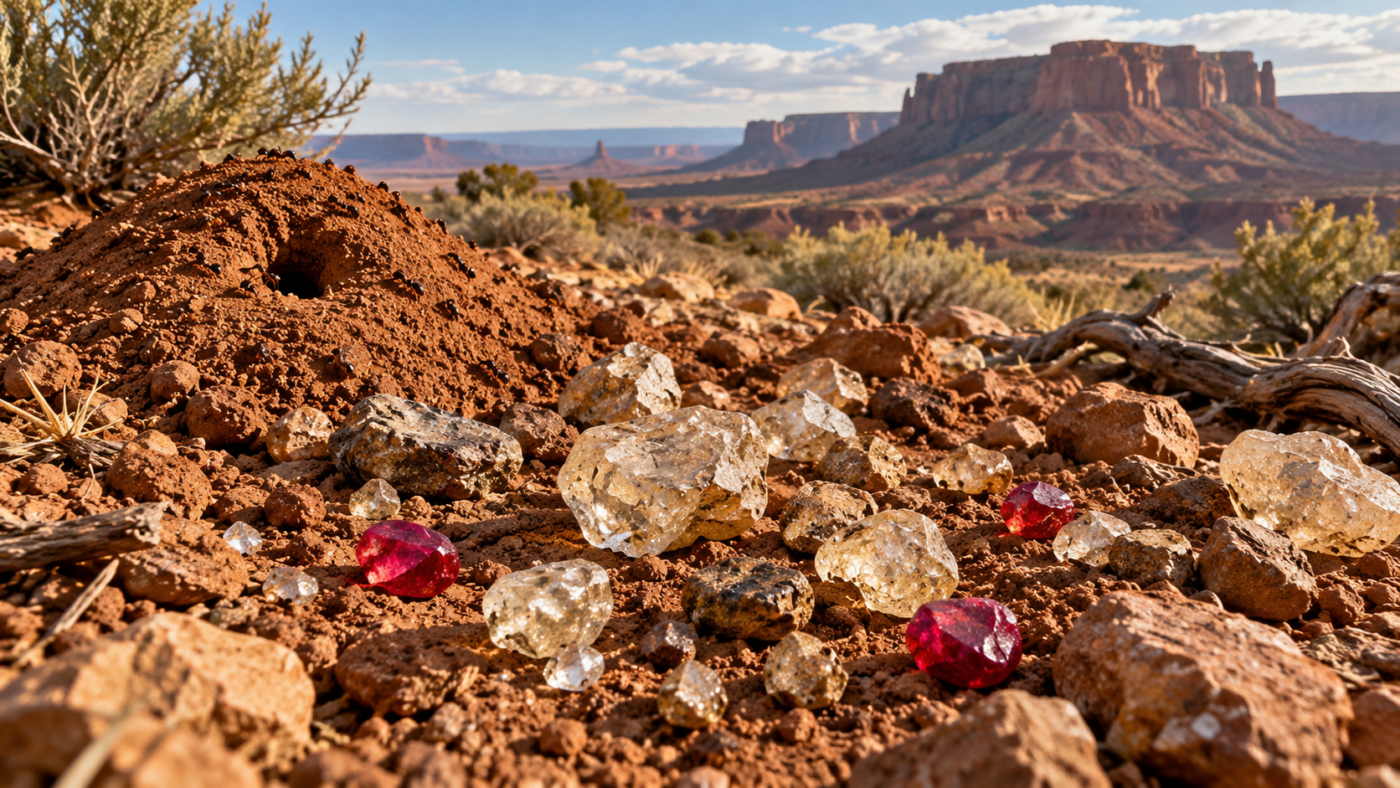 Pierres brutes et petits rubis éparpillés sur la terre remuée d’une mesa de l’Ouest américain, près d’une fourmilière
