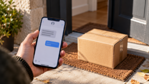 Une main tient un smartphone affichant un SMS flou, un carton posé sur le paillasson en arrière-plan