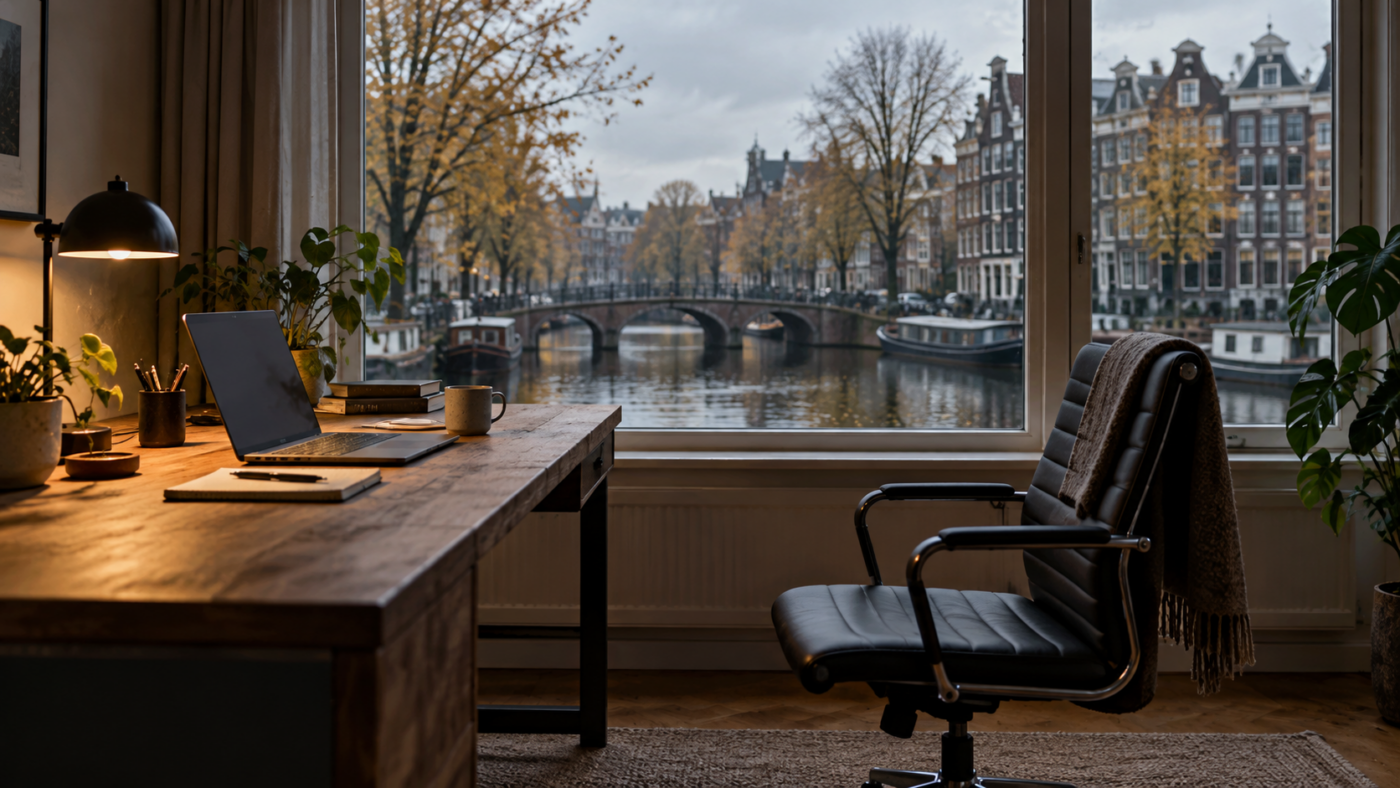 Un bureau vide face à un canal néerlandais, chaise reculée, lumière grise d'automne