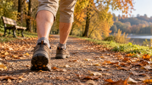 Jambes d’une personne âgée en marche sur un chemin de parc en automne, chaussures de marche