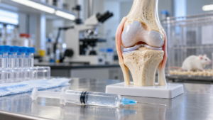 Une seringue de gel translucide posée près d’une maquette de genou sur une paillasse de laboratoire
