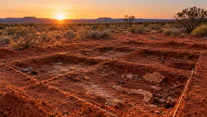Fouille archéologique peu profonde, quadrillée de ficelles, dans une plaine rouge de l’intérieur australien au lever du jour.