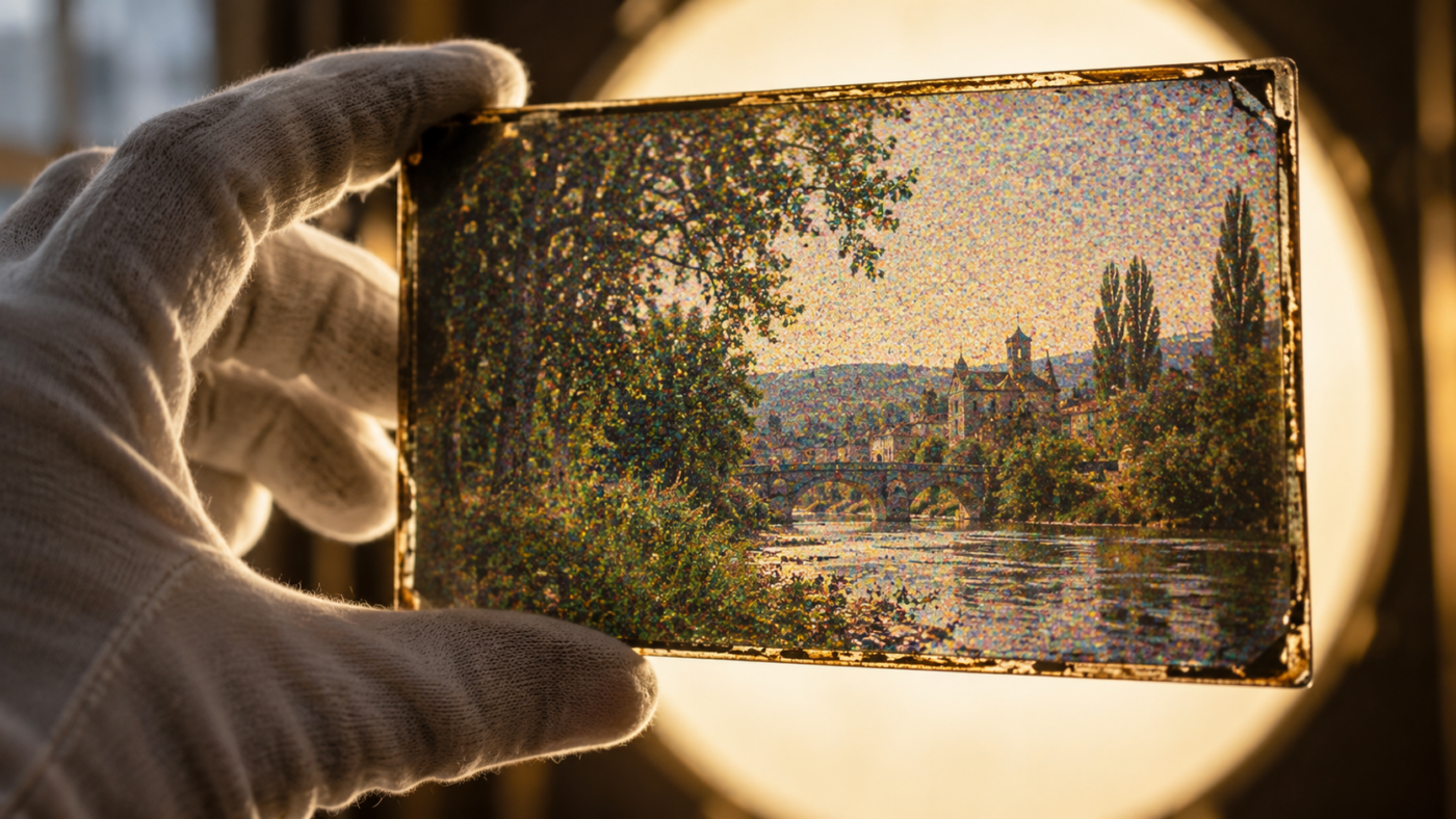 Une main gantée tient une plaque de verre photographique devant la lumière, des grains colorés apparaissent en transparence.