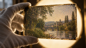 Une main gantée tient une plaque de verre photographique devant la lumière, des grains colorés apparaissent en transparence.