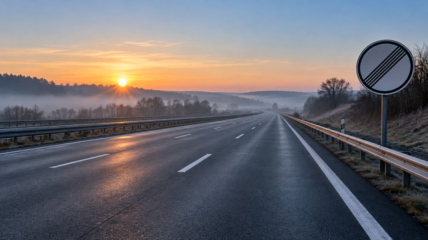 Une autoroute allemande déserte à l’aube, trois voies qui filent vers l’horizon, un panneau de fin de limitation au bord de la route