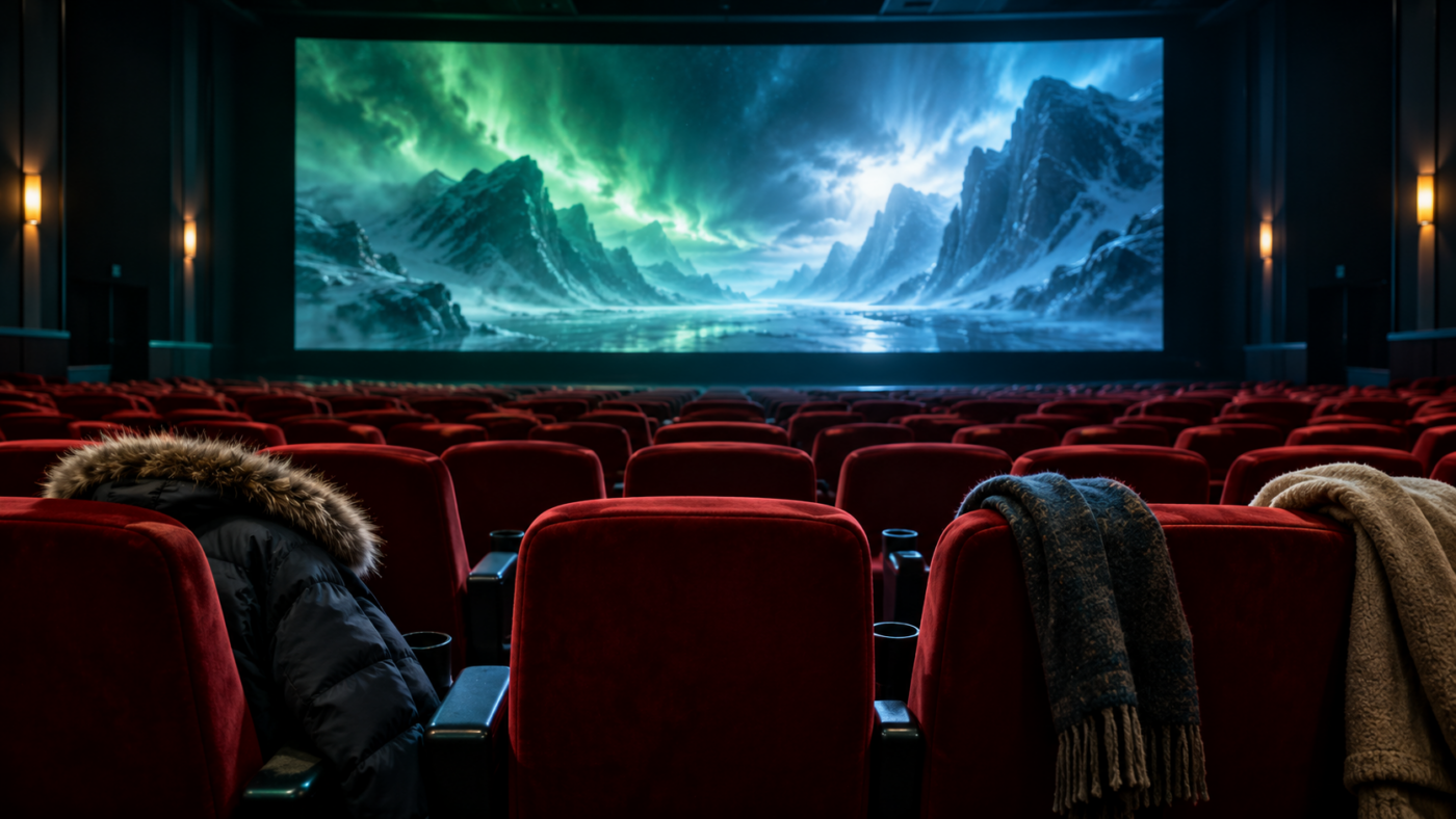 Une salle de cinéma vide aux fauteuils rouges, l’écran baigné d’une lumière verte et acier, des manteaux d’hiver posés sur les accoudoirs