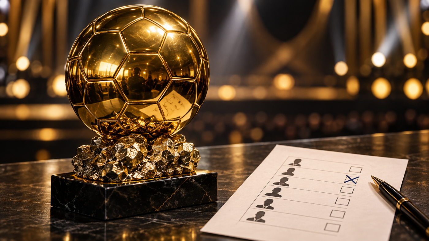 Un trophée doré en forme de ballon posé sur un socle sombre, à côté d’un bulletin de vote annoté