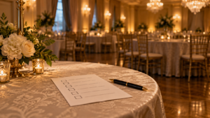 Un bulletin de vote papier et un stylo oubliés sur une table nappée, dans une salle de gala vide.