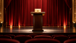 Enveloppe scellée posée sur un pupitre au centre d’une scène de théâtre vide, rideau rouge en fond.