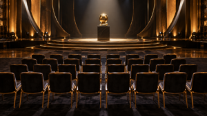 Trente chaises vides alignées dans une salle de théâtre, un trophée doré en forme de ballon sur la scène