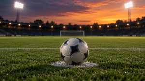 Une pelouse de football éclairée au crépuscule, un ballon posé seul sur le point de penalty
