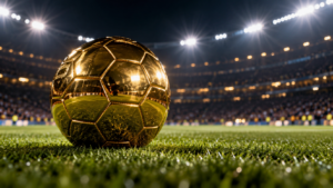 Un ballon doré posé sur la pelouse d’un stade éclairé de nuit