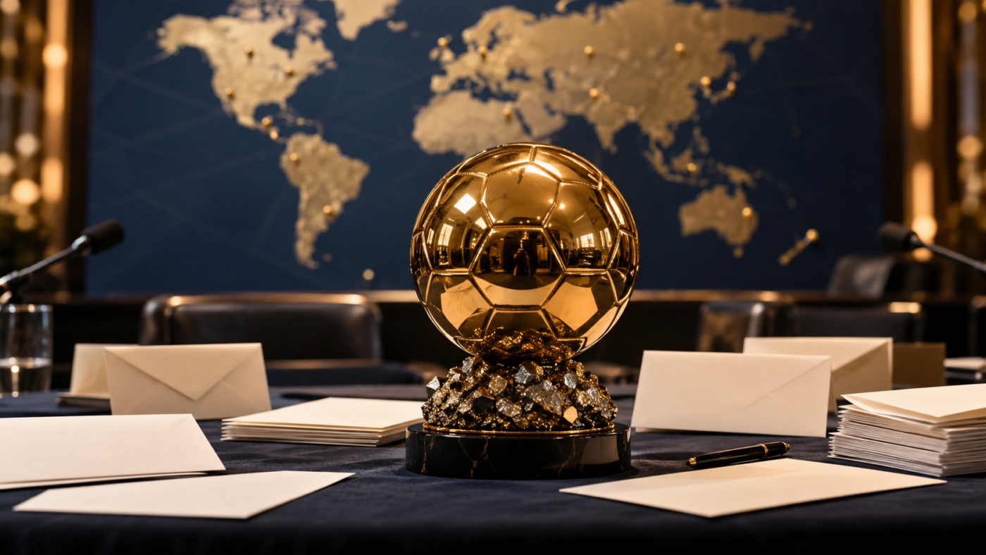 Un trophée doré posé sur une table de presse, entouré de bulletins de vote vierges et d’une carte du monde floue