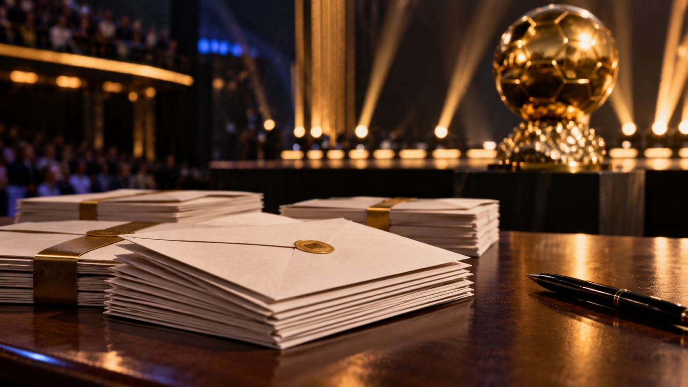 Enveloppes de bulletins de vote empilées sur un bureau, un trophée doré flou à l’arrière-plan sous les lumières d’une scène