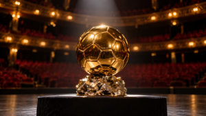 Un trophée doré en forme de ballon posé sur une scène de théâtre sombre, sous un projecteur