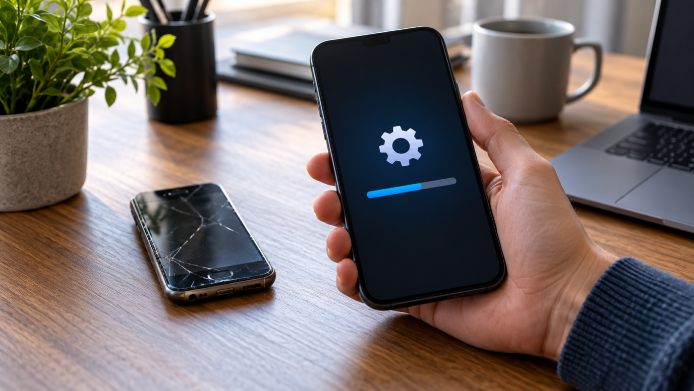 Une main tient un smartphone pendant une mise à jour logicielle, un ancien téléphone posé à côté sur le bureau