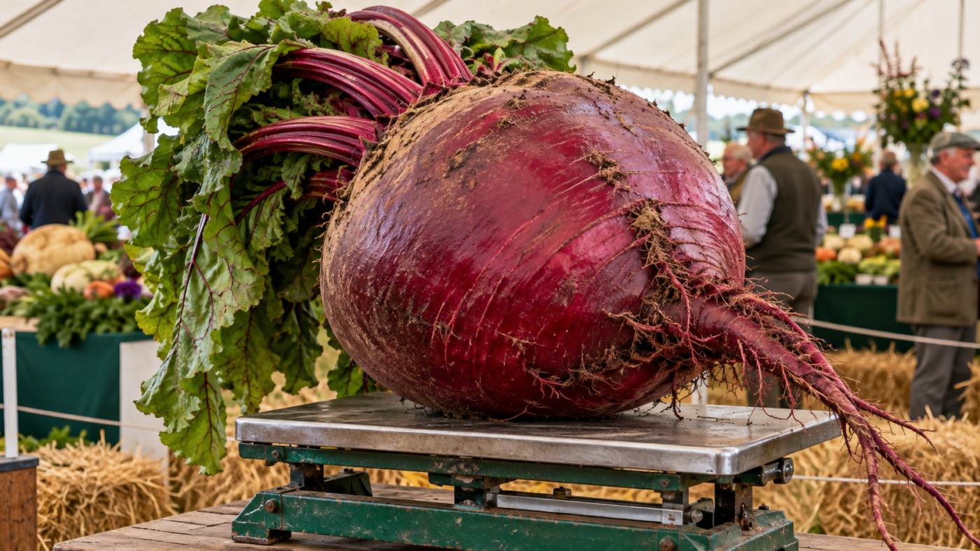 Betterave rouge géante posée sur une balance sous le chapiteau d'un concours agricole anglais