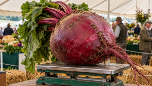 Betterave rouge géante posée sur une balance sous le chapiteau d'un concours agricole anglais