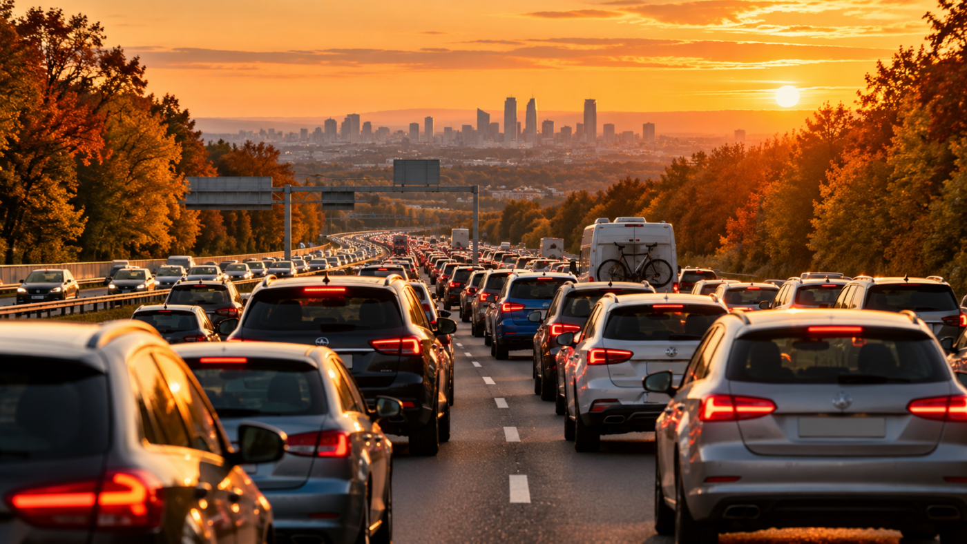 File de voitures sur une autoroute bordée d’arbres d’automne, en fin d’après-midi, en direction d’une grande ville