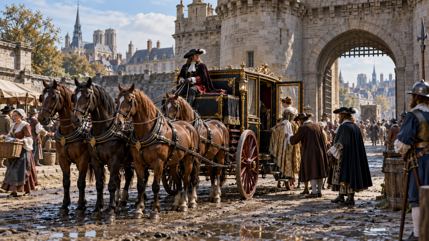 Un carrosse public tiré par quatre chevaux attend ses passagers près d'une porte de Paris au XVIIe siècle
