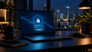 Un ordinateur portable ouvert sur un bureau sombre, l'écran éclairé d'une interface de connexion sécurisée, sans visage visible.