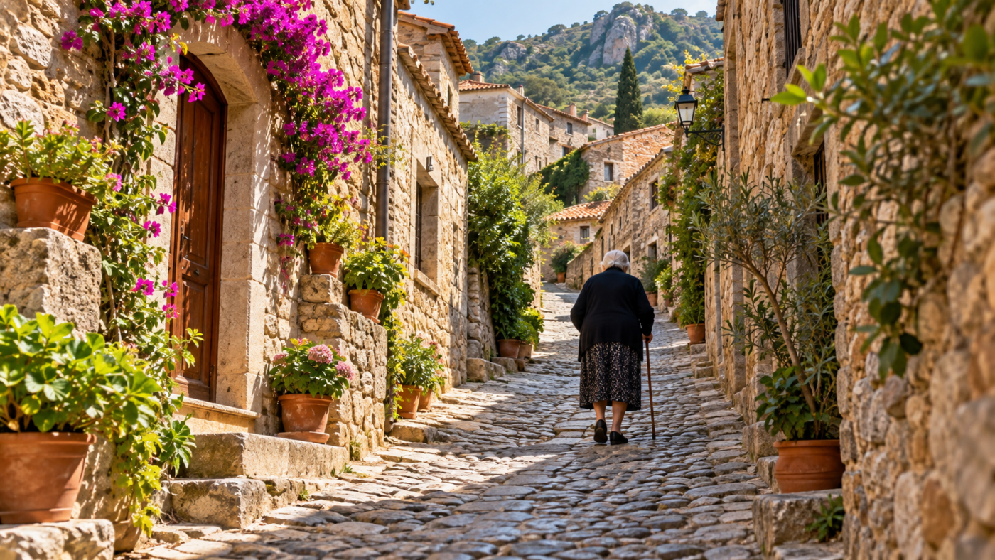 Une femme âgée, vue de dos, gravit une ruelle pavée en pente dans un village de pierre de l'intérieur sarde