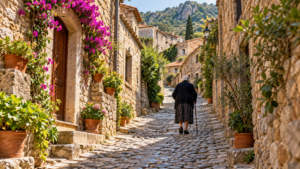 Une femme âgée, vue de dos, gravit une ruelle pavée en pente dans un village de pierre de l'intérieur sarde