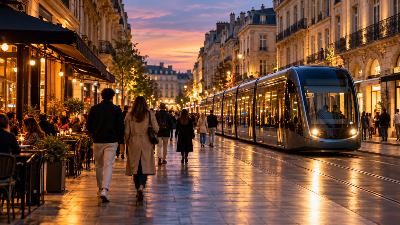 Rue piétonne du centre de Bordeaux à la tombée du jour, tramway et passants vus de dos