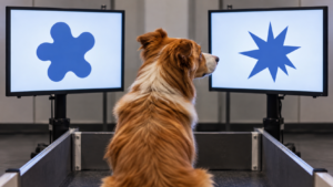 Un chien assis tourne la tête vers l'un de deux écrans, l'un affichant une forme ronde, l'autre une forme pointue