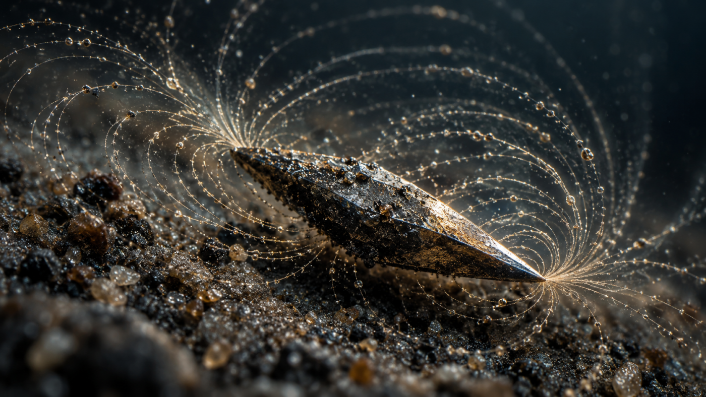 Un minuscule cristal de fer en forme de pointe de lance posé sur des sédiments marins, entouré de lignes de champ magnétique en spirale
