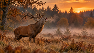 Un cerf brame au crépuscule dans une clairière brumeuse d’automne, en lisière de forêt